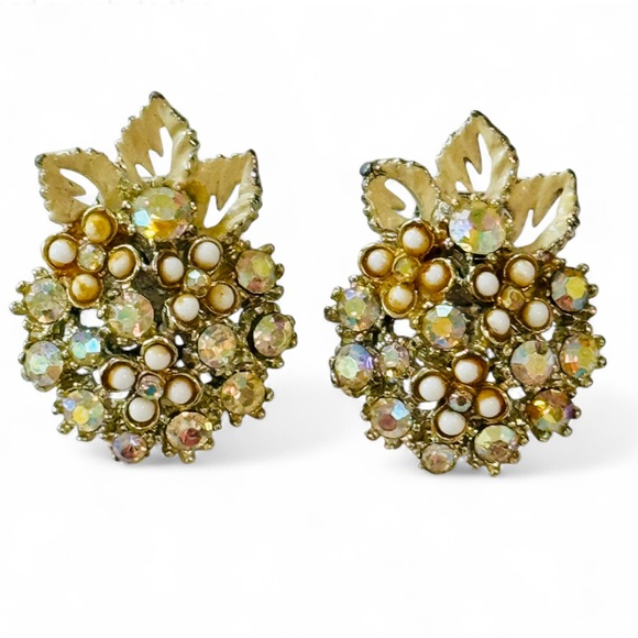 Vtg Designer ART Arthur Pepper AB Rhinestone Clip Earrings with Enameled Leaves - Picture 1 of 5